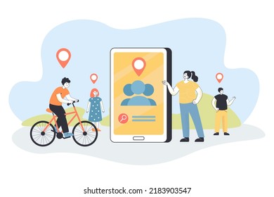 Tiny Mother Using Location Tracking Application On Huge Phone. Children With Location Pins Above Heads Flat Vector Illustration. Family, Navigation, Safety Concept For Banner Or Landing Web Page