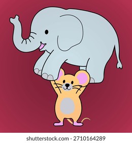 Rato Minúsculo Carregando Um Elefante Fofo | Engraçado ilustração de desenhos animados de animais