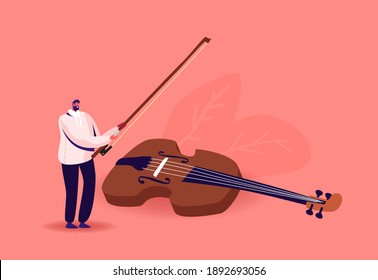 Tiny Musician Character with Huge Violin and Bow. Man with String Instrument Perform on Stage. Symphony Orchestra Classical Music Performance, Instrumental Ensemble. Cartoon Vector Illustration