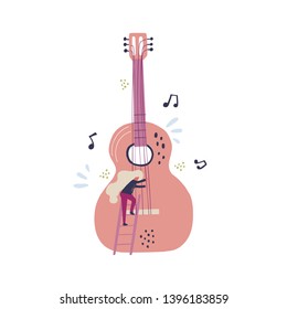 Tiny musician tuning guitar flat illustration. Blonde guitarist climbing ladder on big guitar cartoon character. Musical instrument, notes scandinavian style clipart. Music concert