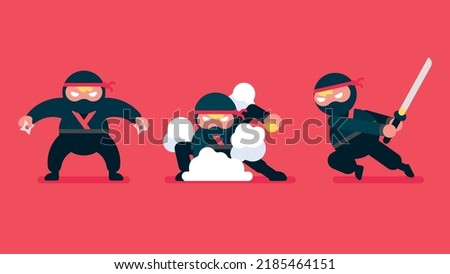 Tiny ninja with traditional ninja suit, Cartoon Japanese warrior with sword in different poses, attacks with katana or throws shuriken, Set of ninja characters showing different actions, flat avatar.