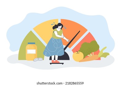 Tiny obese sad woman weighing on scale. Stress of overweight girl in need of healthy diet flat vector illustration. Overeating, body constitution concept for banner, website design or landing web page