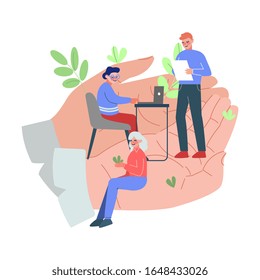 Tiny Office Employees Working in Giant Hands, Office Staff Care, Support, Professional Growth, Personnel Benefits Vector Illustration