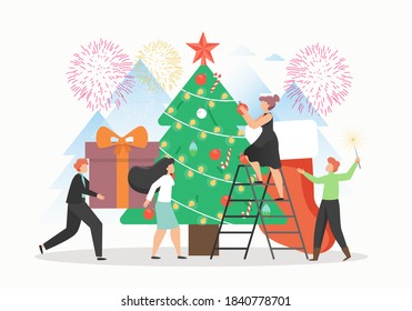 Tiny office people decorating giant Christmas tree and preparing gifts to put them under the tree, flat vector illustration. Preparation for Merry Christmas and New Year holidays party celebration.
