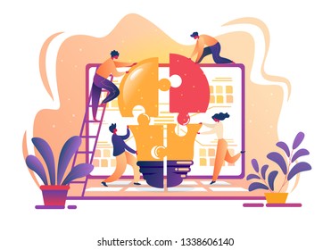 Tiny Office People Working Together Setting Up Huge Light Bulb Separated on Puzzlle Pieces at Giant Computer Monitor and Plants Isolated on White Background. Teamwork. Cartoon Flat Vector Illustration