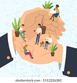 Tiny office stuffers resting and working in the giant hands. Employee care, personnel benefits, support and professional growth concept. Modern flat vector illustration.