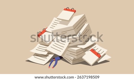 Tiny office worker character lies buried beneath a towering pile of paperwork and calendar, concept of pressure, burnout, overwork, deadline anxiety in the modern workplace, vector flat illustration