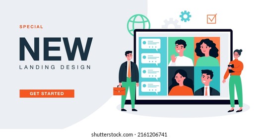 Pequeños trabajadores de oficina se comunican con los empleados en línea. Personas que escriben mensajes para el empleador utilizando la ilustración de la aplicación vectorial plana. Concepto de tecnología moderna para banner, diseño de sitios web, página web de inicio