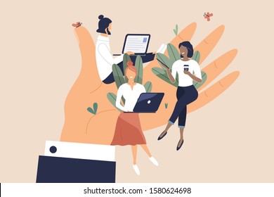 Tiny Office Workers Sitting On Huge Hand. Concept Of Good Comfortable Environment At Work, Favorable Psychological Climate,high Pay And Freedom Of Creativity For Employees. Vector Flat Illustration