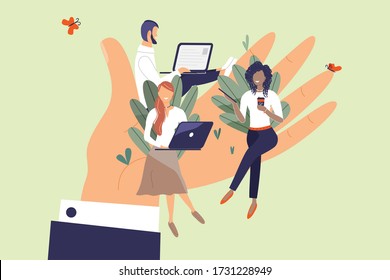 Tiny Office Workers Sitting On Huge Hand. Concept Of Good Comfortable Environment At Work, Favorable Psychological Climate,high Pay And Freedom Of Creativity For Employees. Vector Flat Illustration