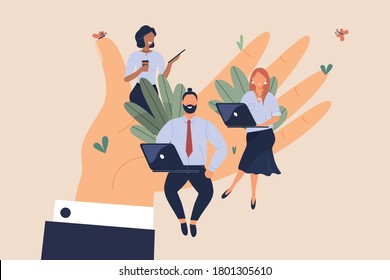 Tiny Office Workers Sitting On Huge Hand. Concept Of Good Comfortable Environment At Work, Favorable Psychological Climate,high Pay And Freedom Of Creativity For Employees. Vector Flat Illustration