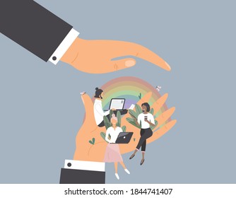 Tiny Office Workers Sitting On Huge Hand Under Other Hand As Under Shelter.Concept Of Good Comfortable Environment At Work,favorable Psychological Climate And Freedom Of Creativity For Employee.Vector