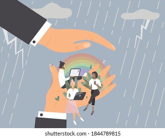 Tiny office workers sitting on huge hand under other hand as under shelter.Concept of good comfortable environment at work,favorable psychological climate and freedom of creativity for employee.Vector