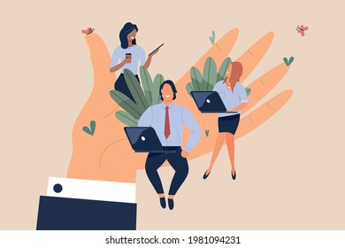 Tiny office workers sitting on huge hand. Concept of good comfortable environment at work, favorable psychological climate,high pay and freedom of creativity for employees. Vector flat illustration