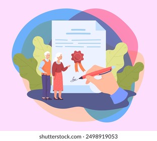 Tiny old people and huge hand signing document. Elderly people writing declaration or planning retirement flat vector illustration. Finances, old age concept for banner, website design or landing page