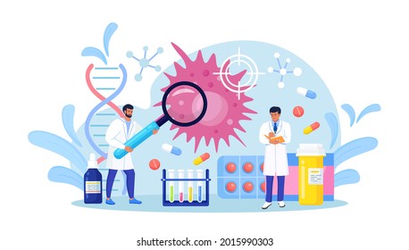 Tiny Oncologist doctors diagnose cancer disease. Oncology examination, checkup and internal biopsy screening for patient diagnostics. Chemotherapy, biopsy, therapy, tumor removal. Vector illustration