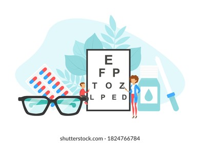 Tiny Ophthalmologist Doctor Checking up Vision of Patient, Ophthalmology, Eye Health Concept Flat Vector Illustration