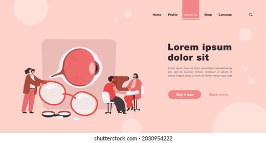 Tiny ophthalmologists checking patient vision isolated flat vector illustration. Cartoon doctor in uniform making eye surgery laser correction. Optical medicine and healthcare concept