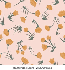 Pequeñas flores de color naranja con hojas y subgrupos como un patrón botánico minimalista en colores de naranja, crema y verde sobre fondo rosa. Patrón de Vector sin costuras floral. Ideal para la decoración del hogar, tela, Fondo de pantalla, envoltura de regalo, papelería, proyectos de diseño de embalaje.
