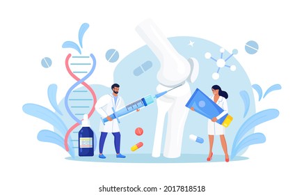 Tiny Orthopedics Doctors Examining Human Joints. Osteoarthritis, Rheumatoid Arthritis, Joint Disease. Knee Joint And Bone Treatment. Human Anatomy.Traumatologist Treat Injured Limb, Broken Bone