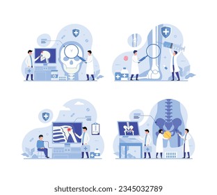 Tiny Orthopedics doctors examining human joints pain design concept set