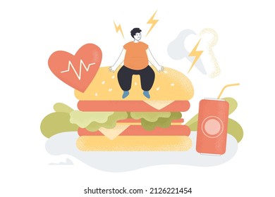 Kleine übergewichtige Person mit gesundheitlichen Problemen aufgrund von Junk Food. Risiko einer Herzerkrankung, hohe Cholesterin-flache Vektorgrafik. Fettleibigkeit, Ernährung, Fitnesskonzept für Banner oder Landing-Webseite