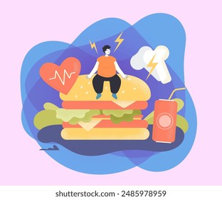 Tiny overweight person with health problems due to junk food. Risk of heart disease, high cholesterol flat vector illustration. Obesity, nutrition, fitness concept for banner or landing web page