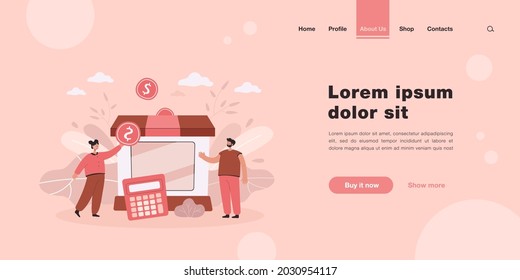 Kleine Partner gewähren Zuschüsse für Unternehmen flache Vektorgrafik. Cartoon-Metapher der Unterstützung mit finanzieller Hilfe in der Krise. Staatliche Zuschüsse und potenzielles Konkurskonzept