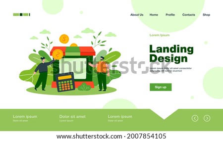 Tiny partners giving subsidy assistance to business flat vector illustration. Cartoon metaphor of support with financial money help in crisis. Government grant and potential bankruptcy concept