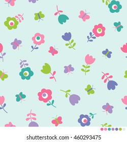 Tiny pastel flower and butterfly seamless pattern background