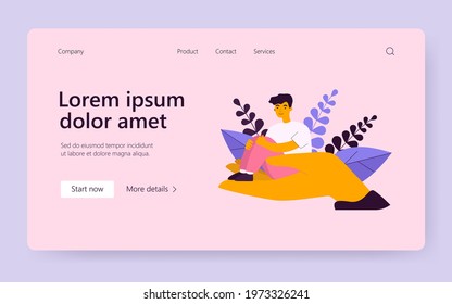 Tiny patient man sitting in counselor hand. Person support flat vector illustration. Psychologist counseling, psychotherapy, mental health concept for website design or landing web page