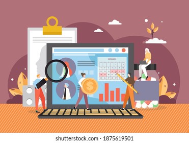 Tiny patients searching for doctors using giant computer, booking appointment online, flat vector illustration. Online medical advice or consultation service, virtual health care professional visit.