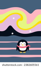 Tiny penguin on the pole under the sky with the Aurora Borealis lights. Vector illustration for poster, card, banner. Vertical print for decor and design.



