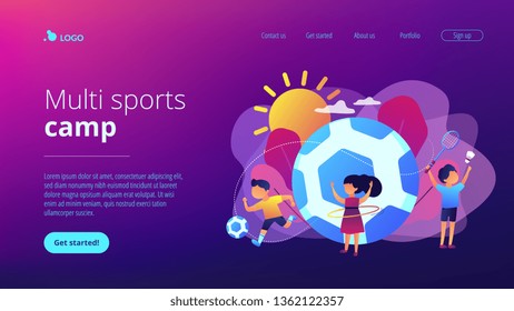 Tiny People, Active Kids In Camp Playing Sports Outside And Big Football. Sport Summer Camp, Multi Sports Camp, Active Summer Time Concept. Website Vibrant Violet Landing Web Page Template.