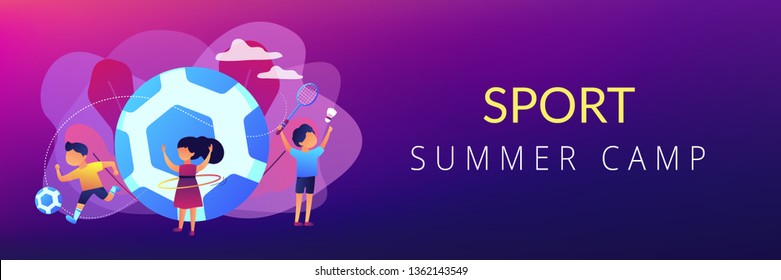 Tiny People, Active Kids In Camp Playing Sports Outside And Big Football. Sport Summer Camp, Multi Sports Camp, Active Summer Time Concept. Header Or Footer Banner Template With Copy Space.