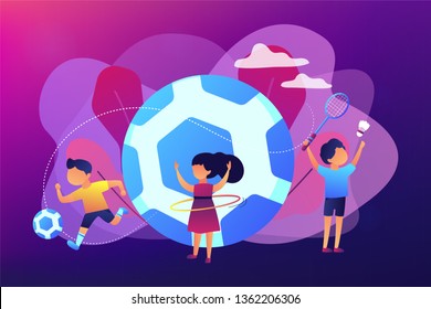 Tiny People, Active Kids In Camp Playing Sports Outside And Big Football. Sport Summer Camp, Multi Sports Camp, Active Summer Time Concept. Bright Vibrant Violet Vector Isolated Illustration