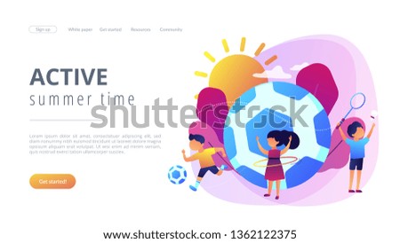 Tiny people, active kids in camp playing sports outside and big football. Sport summer camp, multi sports camp, active summer time concept. Website vibrant violet landing web page template.