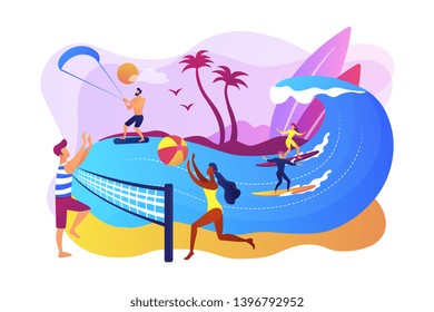 Tiny people adults playing volleyball, surfing and kitesurfing. Summer beach activities, seacoast entertainment, sea animation services concept. Bright vibrant violet vector isolated illustration