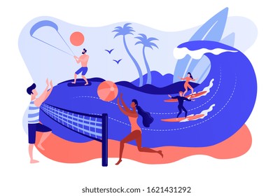 Tiny people adults playing volleyball, surfing and kitesurfing. Summer beach activities, seacoast entertainment, sea animation services concept. Pinkish coral bluevector isolated illustration