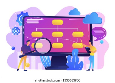 Tiny people analyst and data scientist working with data. Data driven business model, comprehensive data strategies, new economic model concept. Bright vibrant violet vector isolated illustration