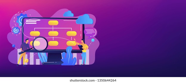 Tiny people analyst and data scientist working with data. Data driven business model, comprehensive data strategies, new economic model concept. Header or footer banner template with copy space.