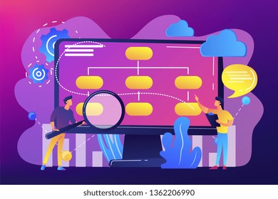 Tiny People Analyst And Data Scientist Working With Data. Data Driven Business Model, Comprehensive Data Strategies, New Economic Model Concept. Bright Vibrant Violet Vector Isolated Illustration