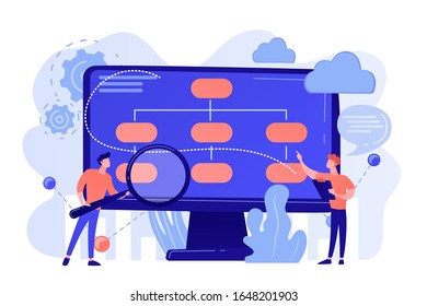 Tiny people analyst and data scientist working with data. Data driven business model, comprehensive data strategies, new economic model concept. Pinkish coral bluevector isolated illustration