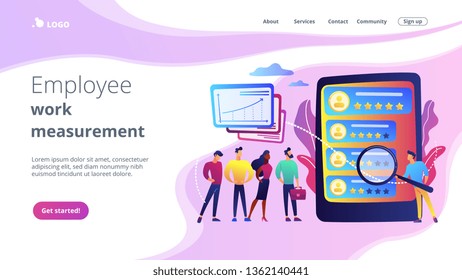 Tiny people analyst observing the workers performance on tablet. Performance rating, employee work measurement, work efficiency feedback concept. Website vibrant violet landing web page template.