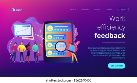 Tiny people analyst observing the workers performance on tablet. Performance rating, employee work measurement, work efficiency feedback concept. Website vibrant violet landing web page template.