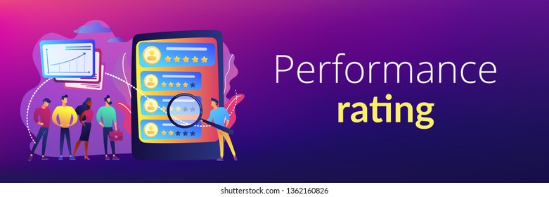 Tiny people analyst observing the workers performance on tablet. Performance rating, employee work measurement, work efficiency feedback concept. Header or footer banner template with copy space.