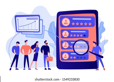 Tiny people analyst observing the workers performance on tablet. Performance rating, employee work measurement, work efficiency feedback concept. Pink coral blue vector isolated illustration