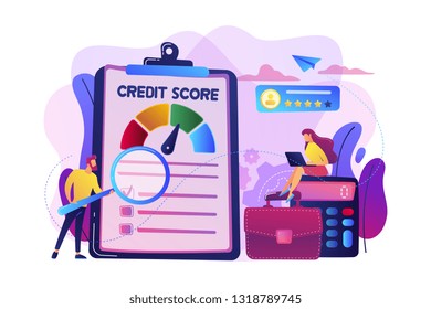 Tiny people analysts evaluating ability of prospective debtor to pay the debt. Credit rating, credit risk control, credit rating agency concept. Bright vibrant violet vector isolated illustration