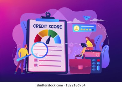 Tiny people analysts evaluating ability of prospective debtor to pay the debt. Credit rating, credit risk control, credit rating agency concept. Bright vibrant violet vector isolated illustration