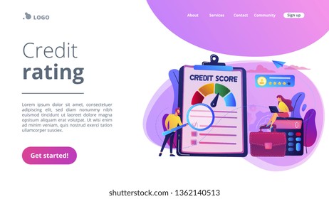 Tiny people analysts evaluating ability of prospective debtor to pay the debt. Credit rating, credit risk control, credit rating agency concept. Website vibrant violet landing web page template.
